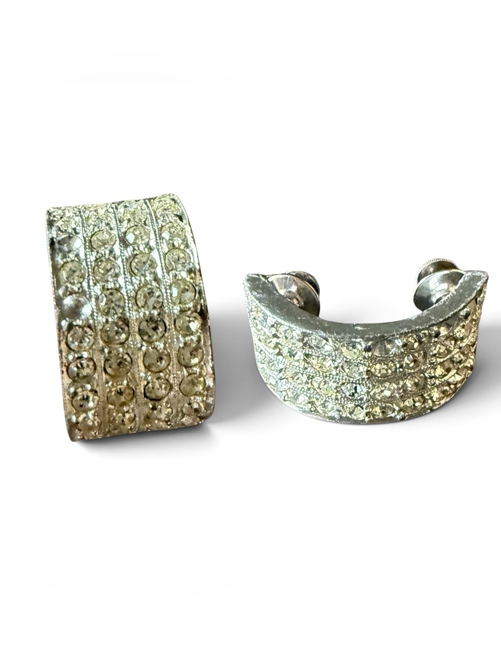 Vintage Silver Crystal Pavé Half-Hoop Earrings